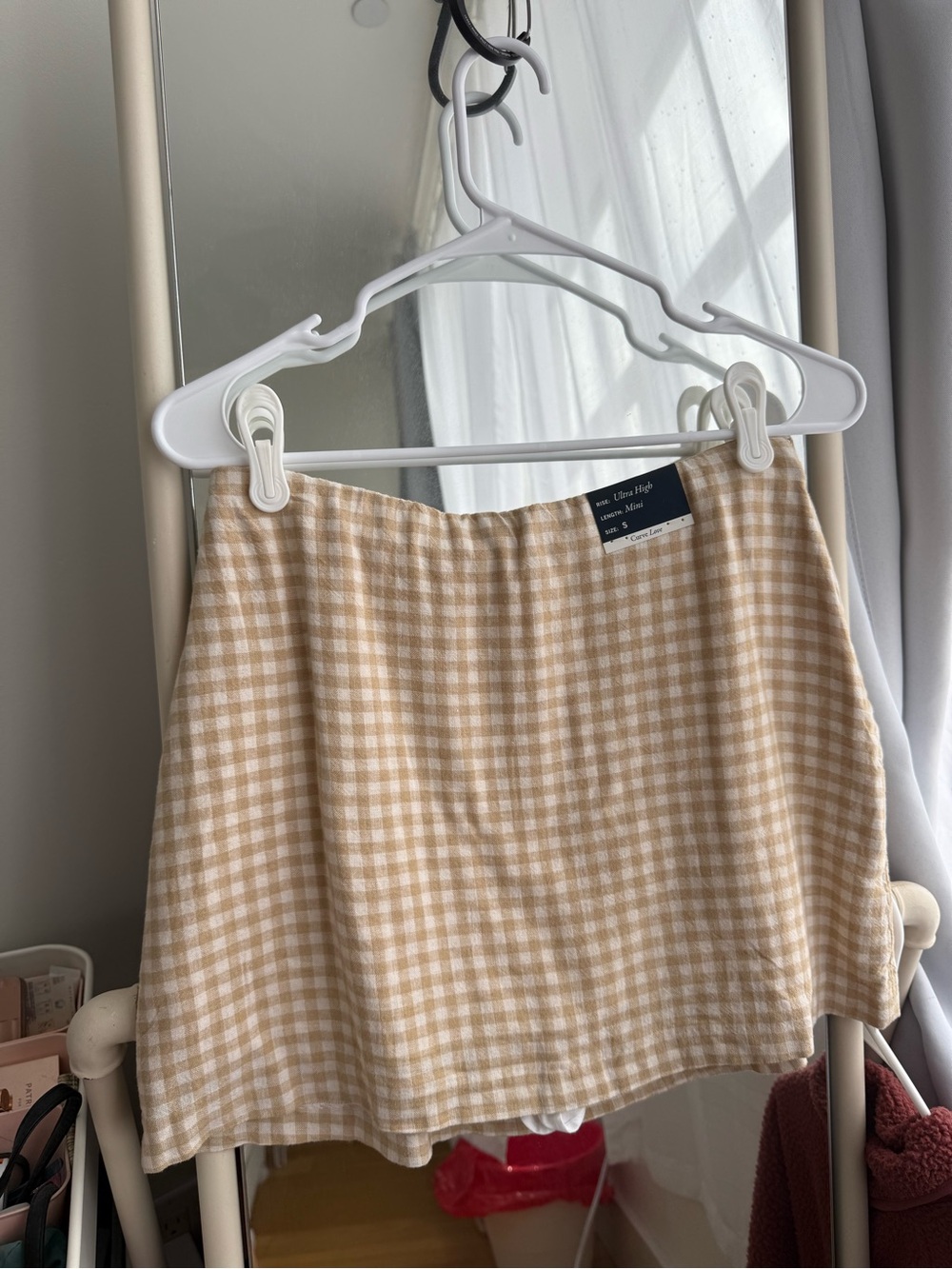 NWT Abercrombie Curve Love Gingham Linen Mini Skirt w Shorts - Size S